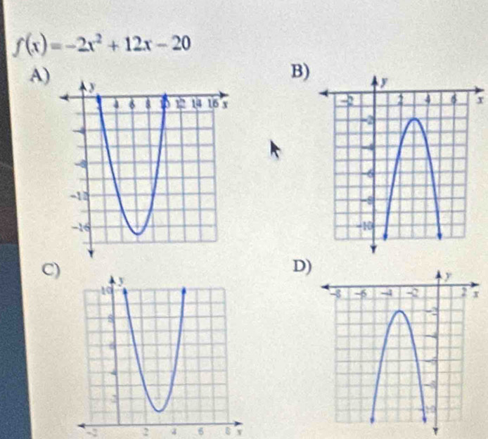 f(x)=-2x^2+12x-20
A) 
B) 
C) 
D)
9 2 4 6 8 v