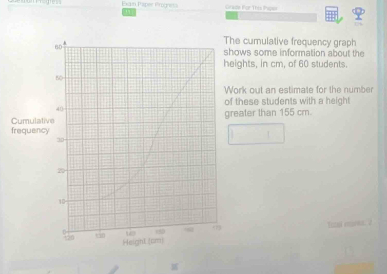 Exam Paper Progresa Grade For This Paper 
cumulative frequency graph 
ws some information about the 
ghts, in cm, of 60 students. 
rk out an estimate for the number 
hese students with a height 
ater than 155 cm. 
f 
Tasal mars. 2