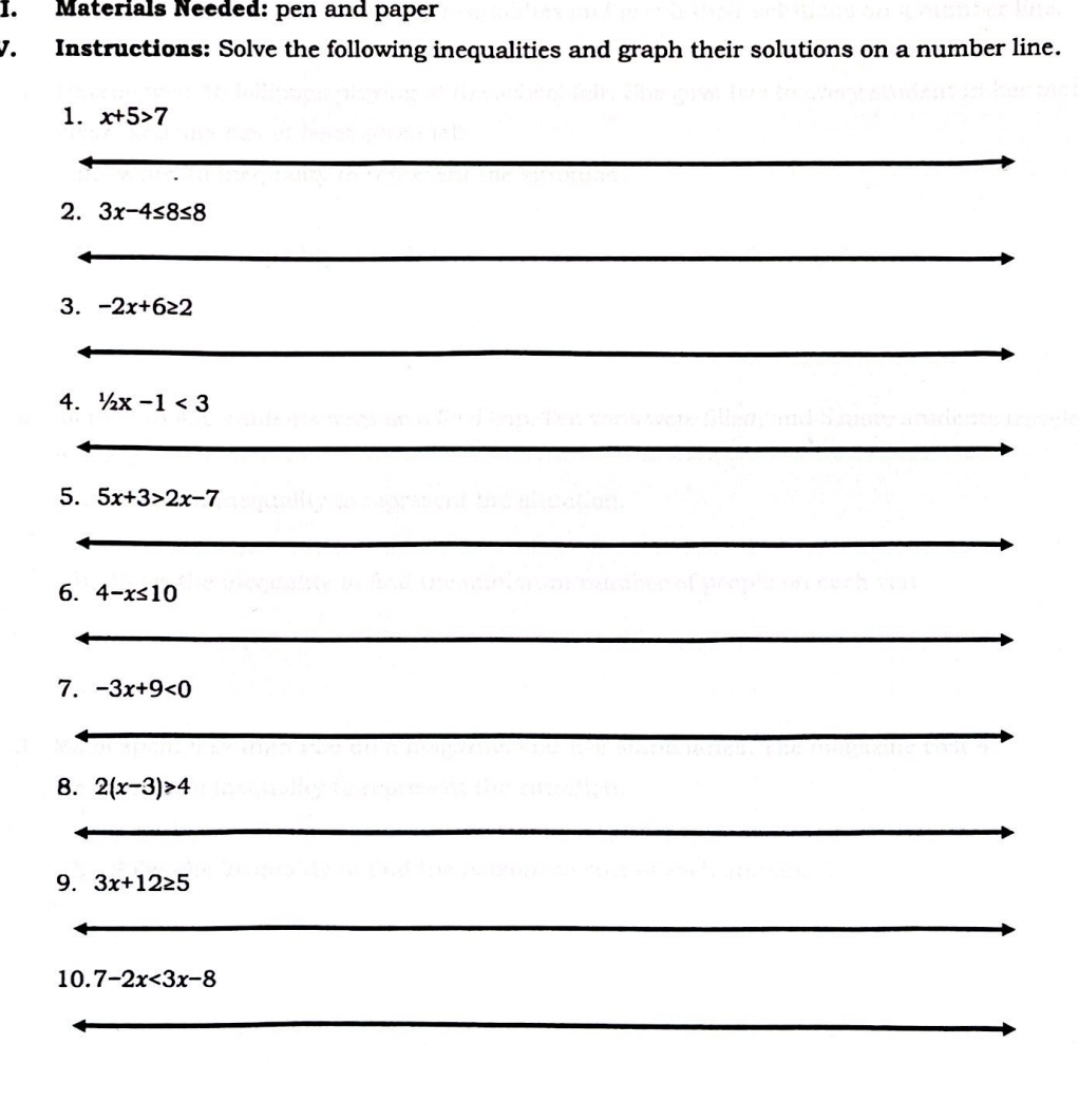 Materials Needed: pen and paper 
V. Instructions: Solve the following inequalities and graph their solutions on a number line. 
1. x+5>7
2. 3x-4≤ 8≤ 8
3. -2x+6≥ 2
4. 1/2x-1<3</tex> 
5. 5x+3>2x-7
6. 4-x≤ 10
7. -3x+9<0</tex> 
8. 2(x-3)>4
9. 3x+12≥ 5
10. 7-2x<3x-8</tex>