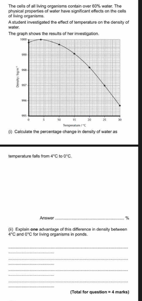 The cells of all living organisms contain over 60% water. The
physical properties of water have significant effects on the cells
of living organisms.
A student investigated the effect of temperature on the density of
water.
The graph shows the results of her investigation.
(i) Calculate the percentage change in density of water as
temperature falls from 4°C to 0°C.
Answer _%
(ii) Explain one advantage of this difference in density between
4°C and 0°C for living organisms in ponds.
_
_
_
_
_
_
_
_
(Total for question =4 marks)