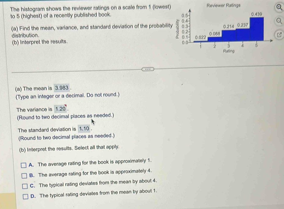 The histogram shows the reviewer ratings on a scale from 1 (lowest
to 5 (highest) of a recently published book. 
(a) Find the mean, variance, and standard deviation of the probabili
distribution. 
(b) Interpret the results. 
(a) The mean is 3.983.
(Type an integer or a decimal. Do not round.)
The variance is 1.20. 
(Round to two decimal places as needed.)
The standard deviation is 1.10.
(Round to two decimal places as needed.)
(b) Interpret the results. Select all that apply.
A. The average rating for the book is approximately 1.
B. The average rating for the book is approximately 4.
C. The typical rating deviates from the mean by about 4.
D. The typical rating deviates from the mean by about 1.