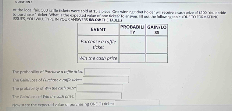 At the local fair, 500 raffle tickets were sold at $5 a piece. One winning ticket holder will receive a cash prize of $100. You decide 
to purchase 1 ticket. What is the expected value of one ticket? To answer, fill out the following table. (DUE TO FORMATTING 
ISSUES, YOU WILL TYPE IN YOUR ANSWERS BELOW THE TABLE.) 
The probability of Purchase a raffle ticket: □ 
The Gain/Loss of Purchase a raffle ticket: □ 
The probability of Win the cash prize: □ 
The Gain/Loss of Win the cash prize: □ 
Now state the expected value of purchasing ONE (1) ticket: □