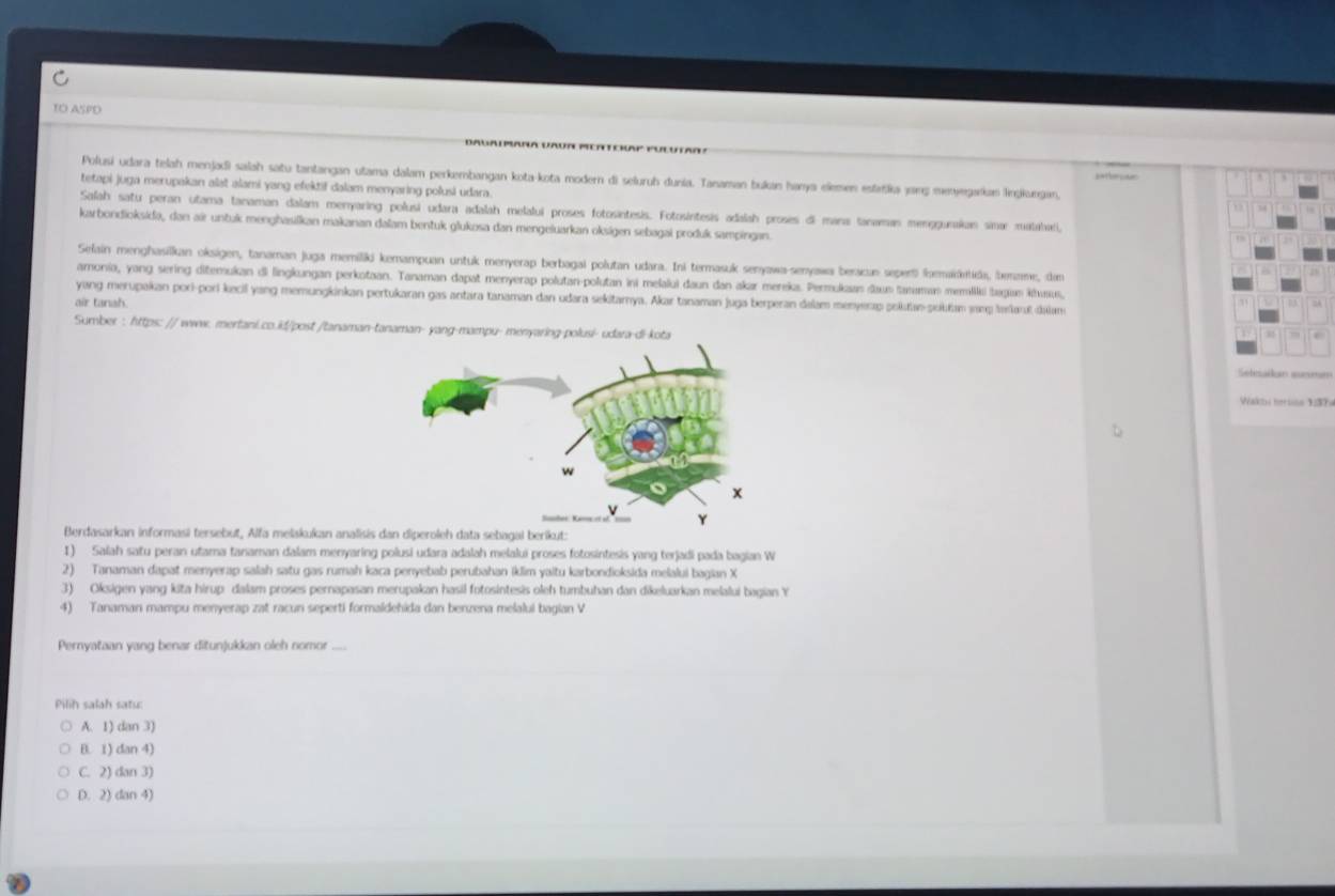 TO ASPD
Polusi udara telah menjadi salah satu tantangan utama dalam perkembangan kota-kota modern di selurub dunia. Tanaman bukan hanya elemen esfartlka jng menyegarkan linjiungan,
tetapi juga merupakan alat alami yang efektif dalam menyaring polusi udara.
34
Salah satu peran utama tanaman dalam menyaring polusi udara adalah melalui proses fotosintesis. Fotosintesis adalah proses di mana tanaman menggunakan sina matabari,
karbondioksida, dan air untuk menghasilkan makanan dalam bentuk glukosa dan mengeluarkan oksigen sebagai produk sampingan.
Selain menghasilkan oksigen, tanaman juga memiliki kemampuan untuk menyerap berbagai polutan udara. Ini termasuk senyawa-senyawa beracun sepert) fomakdetida, bename, dem
amonio, yang sering ditemukan di lingkungan perkotaan. Tanaman dapat menyerap polutan-polutan ini melalui daun dan akar mereka. Permukaan daun taraman memiliki bagian khusus,
yang merupakan pori-pori kecil yang memungkinkan pertukaran gas antara tanaman dan udara sekitamya. Akar tanaman juga berperan dalam menyerap pokťan-pokłan jang telarl dalam
air tanah.
Sumber : https: // www. mertani.co.id/post /tanaman-tanaman- yang-mampu-menyaring-polusi- udara-di-kot
Setmadkan sunme
Wakiu terie 1 3
Berdasarkan informasi tersebut, Alfa melakukan analisis dan diperoleh data sebagal berikut:
1) Salah satu peran utama tanaman dalam menyaring polusi udara adalah melalui proses fotosintesis yang terjadi pada bagian W
2) Tanaman dapat menyerap salah satu gas rumah kaca penyebab perubahan iklim yaitu karbondioksida melalui bagian X
3) Oksigen yang kita hirup dalam proses pernapasan merupakan hasil fotosintesis oleh tumbuhan dan dikeluarkan melalui bagian Y
4) Tanaman mampu menyerap zat racun seperti formaldehida dan benzena melalui bagian V
Pernyataan yang benar ditunjukkan oleh nomor ....
Pilih salah satu:
A. 1) dan 3)
B. 1) dan 4)
C. 2) dan 3)
D. 2) dan 4)