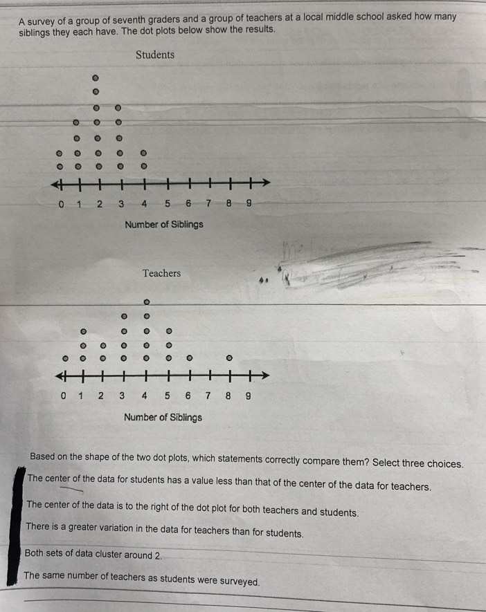 A survey of a group of seventh graders and a group of teachers at a local middle school asked how many
siblings they each have. The dot plots below show the results.
Teachers
Based on the shape of the two dot plots, which statements correctly compare them? Select three choices.
The center of the data for students has a value less than that of the center of the data for teachers.
The center of the data is to the right of the dot plot for both teachers and students.
There is a greater variation in the data for teachers than for students.
Both sets of data cluster around 2.
The same number of teachers as students were surveyed.