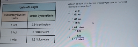 kilometers to miles? Which conversion factor would you use to convert
 1mile/1.61km 
 (1.61km)/1mile 
 (1.61miles)/1km 
 1km/1.61mles 