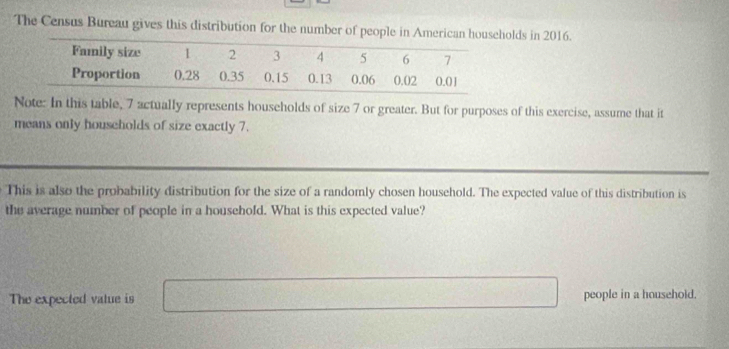 The Census Bureau gives this distribution for the number of people in American households in 2016. 
Note: In this table, 7 actually represents households of size 7 or greater. But for purposes of this exercise, assume that it 
means only households of size exactly 7. 
This is also the probability distribution for the size of a randomly chosen household. The expected value of this distribution is 
the average number of people in a household. What is this expected value? 
The expected value is people in a household.