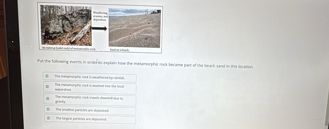 Put the following events in order to explain how the metamorphic rock became part of the beach sand in this location.
The metamorphic rock is weathered by rainfall.
The metamorphic rock is washed into the local
watershed.
The metamorphic rock travels downhill due to
gravity.
The smallest particles are deposited.
The largest particles are deposited.