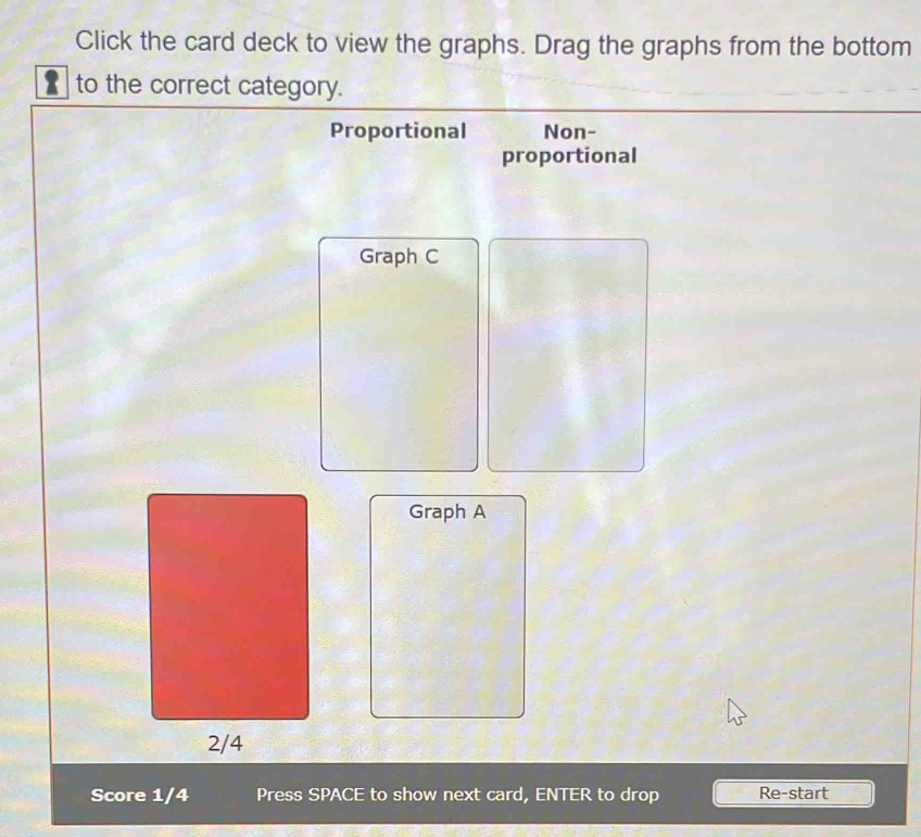 Click the card deck to view the graphs. Drag the graphs from the bottom 
to the correct category. 
Proportional Non- 
proportional 
Graph C 
Graph A 
Score 1/4 Press SPACE to show next card, ENTER to drop Re-start