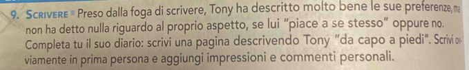 Scrivere « Preso dalla foga di scrivere, Tony ha descritto molto bene le sue preferenze, ma 
non ha detto nulla riguardo al proprio aspetto, se lui “piace a se stesso” oppure no. 
Completa tu il suo diario: scrivi una pagina descrivendo Tony "da capo a piedi". Scrivi o 
viamente in prima persona e aggiungi impressioni e commenti personali.