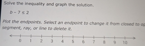 Solve the inequality and graph the solution.
b-7≤ 2
Plot the endpoints. Select an endpoint to change it from closed to of 
segment, ray, or line to delete it.