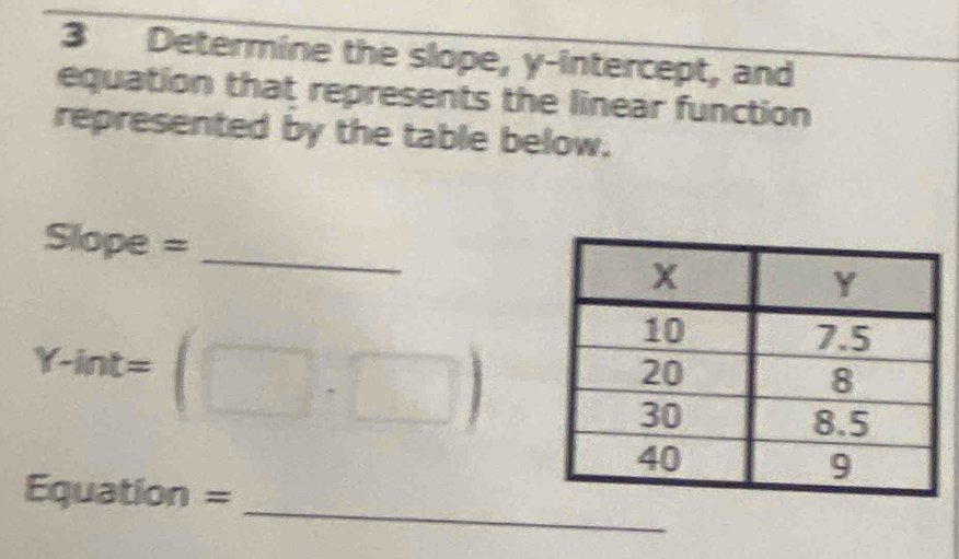 Determine the slope, y-intercept, and 
equation that represents the linear function 
represented by the table below. 
_ 
Slope =
Y-int=(□ · □ )
_ 
Equation =