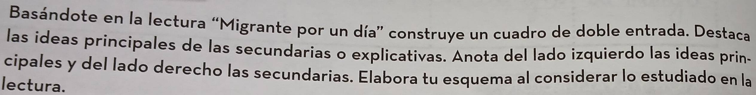 Basándote en la lectura “Migrante por un día” construye un cuadro de doble entrada. Destaca 
las ideas principales de las secundarias o explicativas. Anota del lado izquierdo las ideas prin- 
cipales y del lado derecho las secundarias. Elabora tu esquema al considerar lo estudiado en la 
lectura.