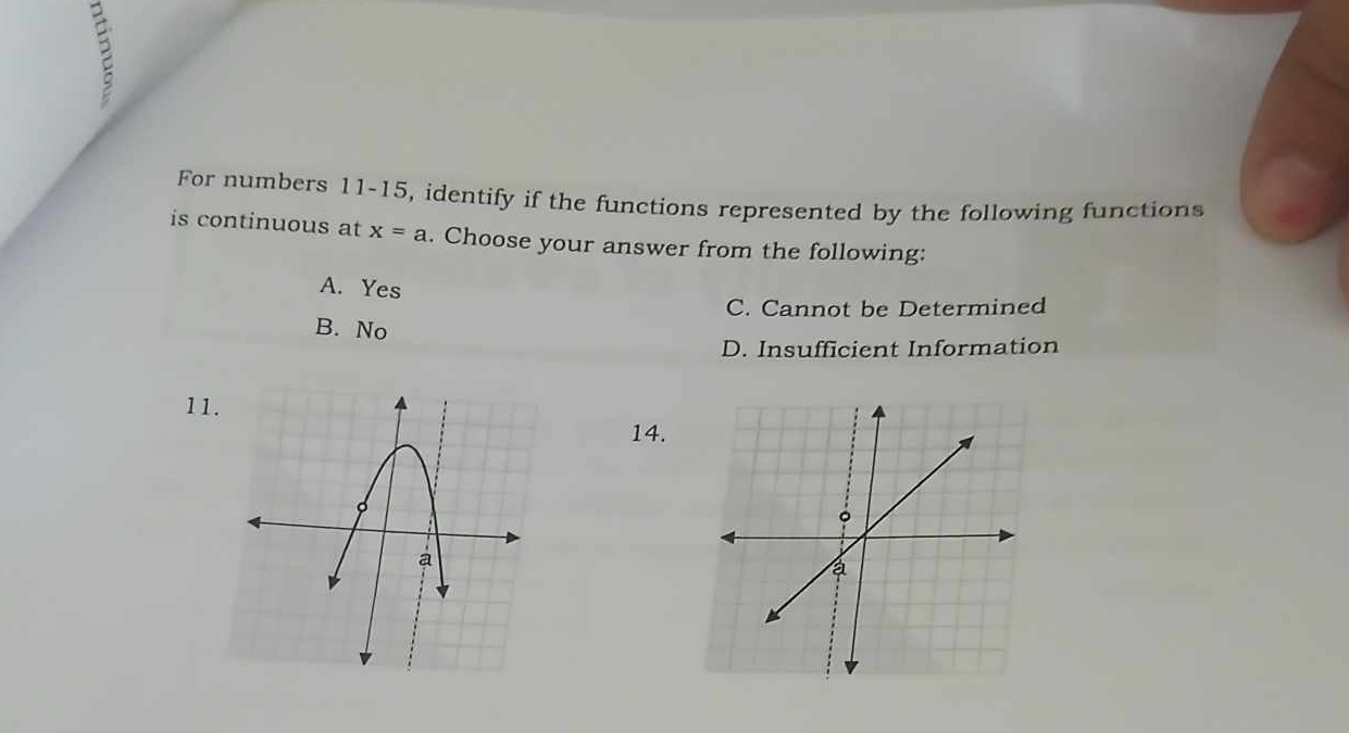 For numbers 11-15, identify if the functions represented by the following functions
is continuous at x=a. Choose your answer from the following:
A. Yes
C. Cannot be Determined
B. No
D. Insufficient Information
11
14.