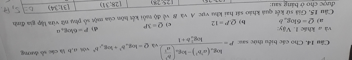 Cho các biểu thức sau: P=frac log _a(a^3b^2)-log _b( b^3/a^2 )(log _a)^2b+1 và Q=log _ab^3+log _a^2b^6 với a, b là các số dương
và a khác 1. Vậy: d) P=6log _ba
a) Q=6log _ab b) Q.P=12
c) Q=3P
Câu 15. Giả sử kết quả khảo sát hai khu vực A và B về độ tuổi kết hôn của một số phụ nữ vừa lập gia đình
được cho ở bảng sau: [28;31) [31;34)
125:28)