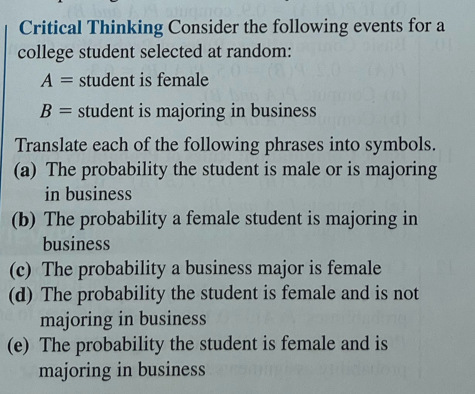 Critical Thinking Consider the following events for a 
college student selected at random:
A= student is female
B= student is majoring in business 
Translate each of the following phrases into symbols. 
(a) The probability the student is male or is majoring 
in business 
(b) The probability a female student is majoring in 
business 
(c) The probability a business major is female 
(d) The probability the student is female and is not 
majoring in business 
(e) The probability the student is female and is 
majoring in business