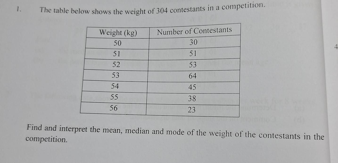 The table below shows the weight of 304 contestants in a competition. 
4 
Find and interpret the mean, median and mode of the weight of the contestants in the 
competition.