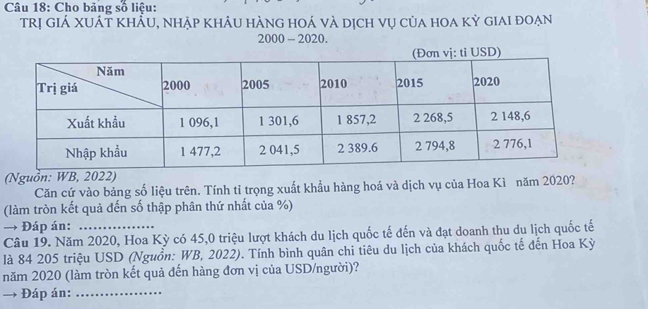 Cho bảng số liệu: 
trị giá xuát khẩu, nhập khảu hàng hoá và dịch vụ của hoa kỳ giai đoạn 
2000 - 2020. 
(Nguồn: WB, 2022) 
Căn cứ vào bảng số liệu trên. Tính tỉ trọng xuất khẩu hàng hoá và dịch vụ của Hoa Kì năm 2020? 
(làm tròn kết quả đến số thập phân thứ nhất của %) 
→ Đáp án: 
Câu 19. Năm 2020, Hoa Kỳ có 45,0 triệu lượt khách du lịch quốc tế đến và đạt doanh thu du lịch quốc tế 
là 84 205 triệu USD (Nguồn: WB, 2022). Tính bình quân chi tiêu du lịch của khách quốc tế đến Hoa Kỳ 
năm 2020 (làm tròn kết quả đến hàng đơn vị của USD/người)? 
+ Đáp án:_