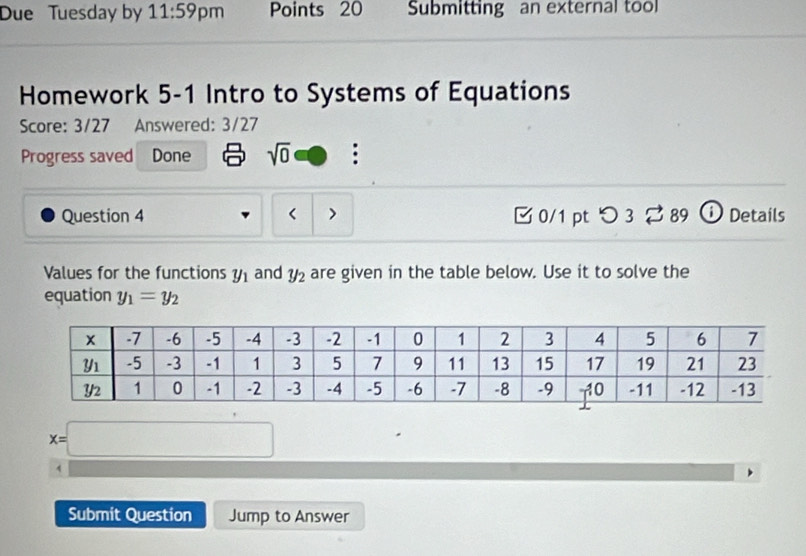 Due Tuesday by 11:59 pm Points 20 Submitting an external tool
Homework 5-1 Intro to Systems of Equations
Score: 3/27 Answered: 3/27
Progress saved Done sqrt(0) 1 B.
Question 4 y_1 and y_2 are given in the table below. Use it to solve the
equation y_1=y_2
x=□
Submit Question Jump to Answer