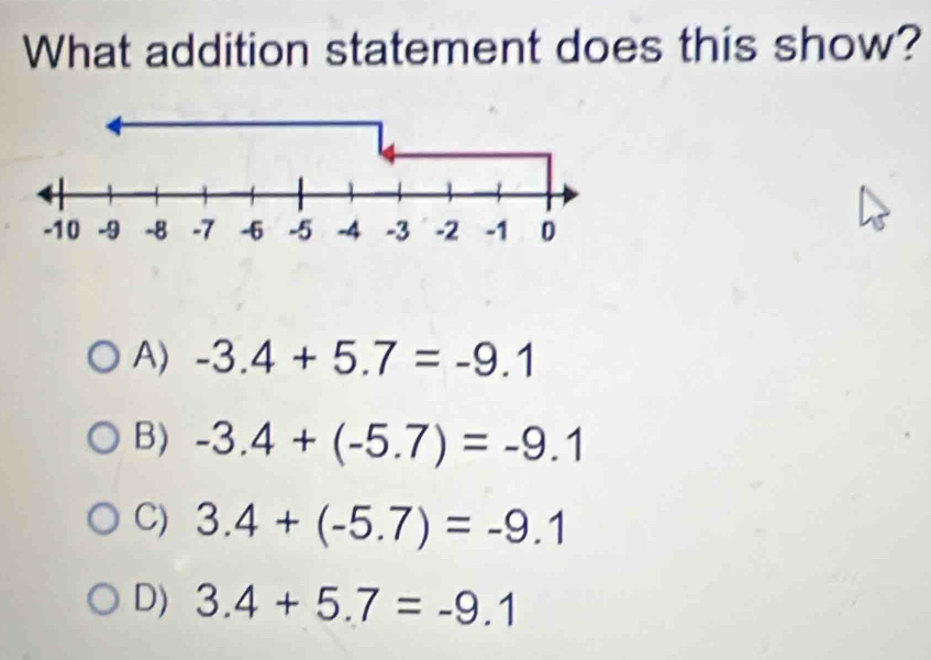 What addition statement does this show?
A) -3.4+5.7=-9.1
B) -3.4+(-5.7)=-9.1
C) 3.4+(-5.7)=-9.1
D) 3.4+5.7=-9.1