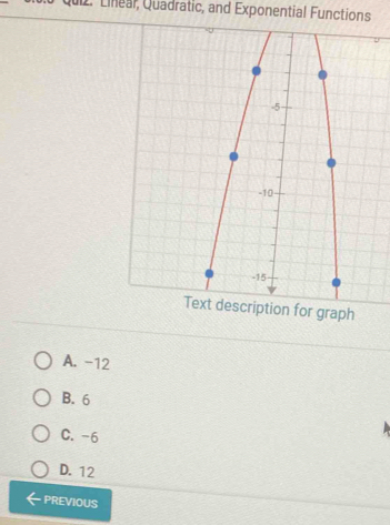 Quiz. Linear, Quadratic, and Exponential Functions
r graph
A. -12
B. 6
C. -6
D. 12
PREVIOUS