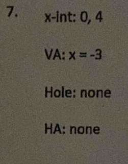 x -int: 0, 4
VA: x=-3
Hole: none
HA: none