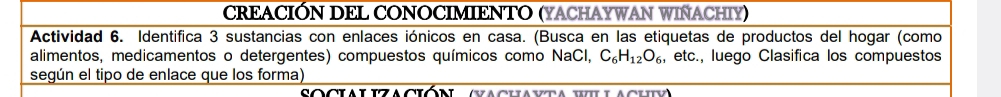 CREACIÓN DEL CONOCIMIENTO (YACHAYWAN WIÑACHIY) 
Actividad 6. Identifica 3 sustancias con enlaces iónicos en casa. (Busca en las etiquetas de productos del hogar (como 
alimentos, medicamentos o detergentes) compuestos químicos como NaCl, C_6H_12O_6 , etc., luego Clasifica los compuestos 
según el tipo de enlace que los forma) 
So cia l iza ción (b a ciia sta ti l a ci