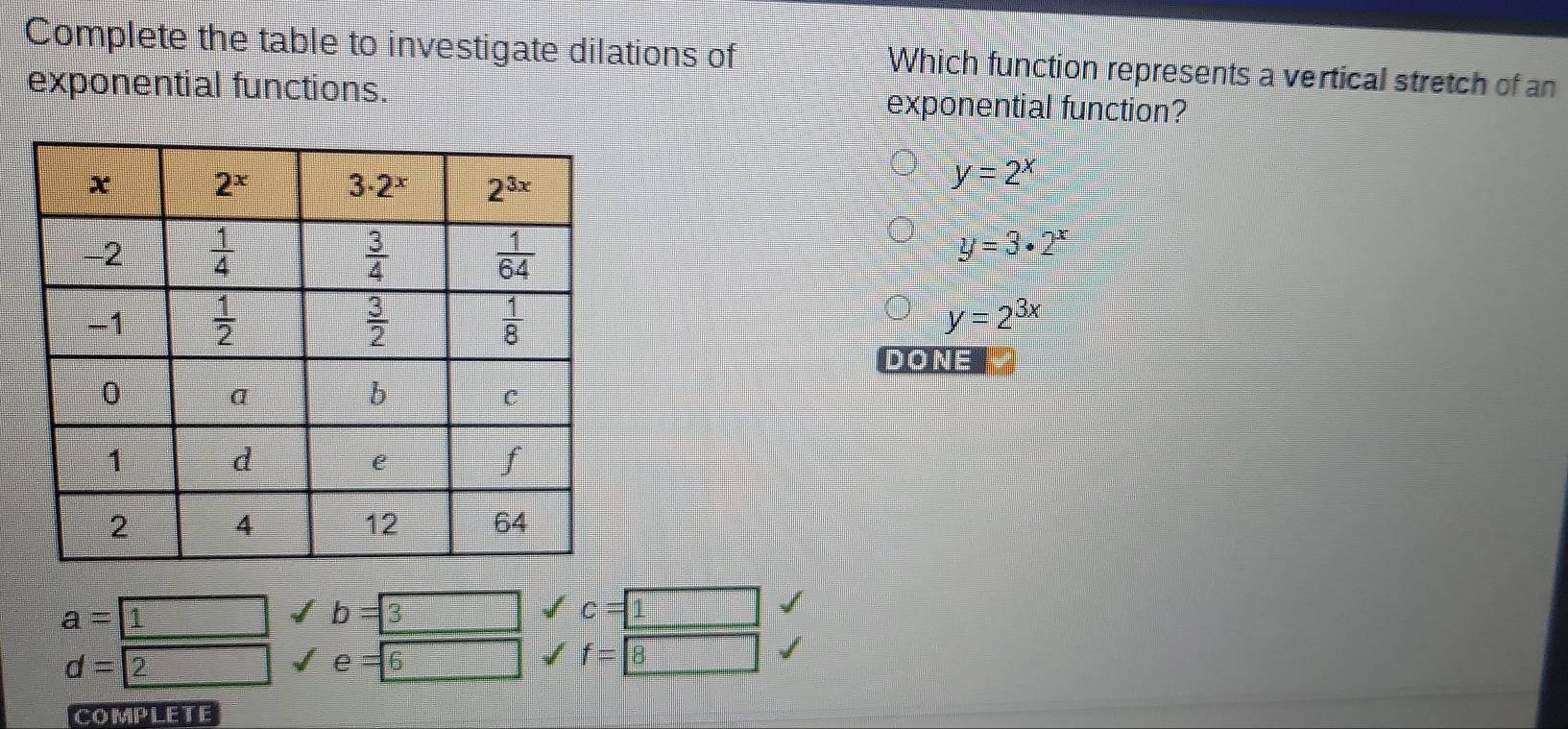 Complete the table to investigate dilations of Which function represents a vertical stretch of an
exponential functions. exponential function?
y=2^x
y=3· 2^x
y=2^(3x)
DONE
a= b= □ c=
d= 2 e=6 □ f=boxed 8
COMPLETE