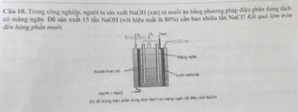 Trong công nghiệp, người ta sản xuất NaOH (xút) từ muối ăn bằng phương pháp điện phân dung dịch
có mảng ngăn. Để sân xuất 15 tần NaOH (với hiệu suất là 80%) cần bao nhiều tần NaCl? Kết quả làm tròn
đên hàng phần mười.
Sơ đỗ thùng điện phần dung địch NaCl oò màng ngân đễ điều chỗ NaOH