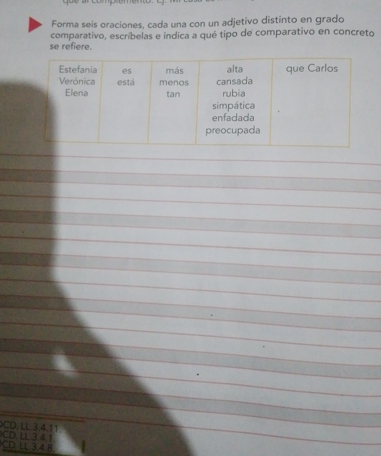 cõé arcompiememo
Forma seis oraciones, cada una con un adjetivo distinto en grado
comparativo, escríbelas e indica a qué tipo de comparativo en concreto
se refiere.
_
_
_
_
_
_
_
_
_
_
_
_
_
_
_
_
_
_
CD, LL.3.4.11.
CD. LL 3.4.1
CD. LL.3.4.8.