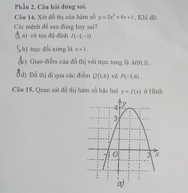 Phần 2. Câu hỏi đúng sai. 
Câu 14. Xét đồ thị của hàm số y=2x^2+4x+1. Khi đó: 
Các mệnh đề sau đúng hay sai? 
a) có tọa độ đỉnh I(-1;-1)
b) trục đổi xứng là x=1. 
c) Giao điểm của đồ thị với trục tung là M(0;1). 
(d) Đồ thị đi qua các điểm Q(1;6) và P(-3;6). 
Câu 15. Quan sát đồ thị hàm số bậc hai y=f(x) ở Hình