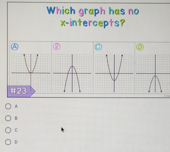 Which graph has no
x-intercepts?
A
⑩ Algn
A
B
C
D