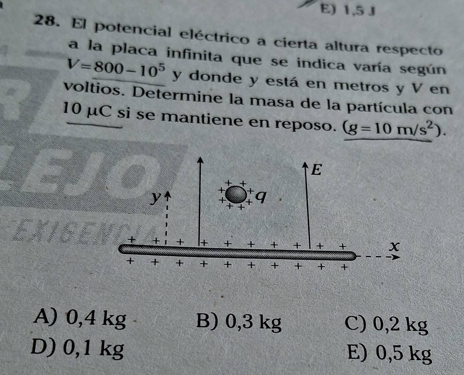 E) 1,5 J
28. El potencial eléctrico a cierta altura respecto
a la placa infinita que se indica varía según
V=800-10^5 y donde y está en metros y V en
voltios. Determine la masa de la partícula con
10 μC si se mantiene en reposo. (g=10m/s^2).
A) 0,4 kg B) 0,3 kg C) 0,2 kg
D) 0,1 kg E) 0,5 kg