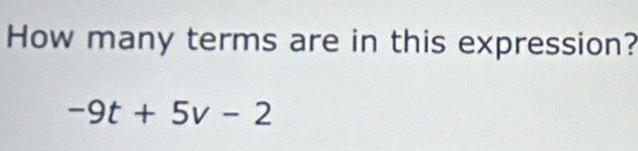 How many terms are in this expression?
-9t+5v-2