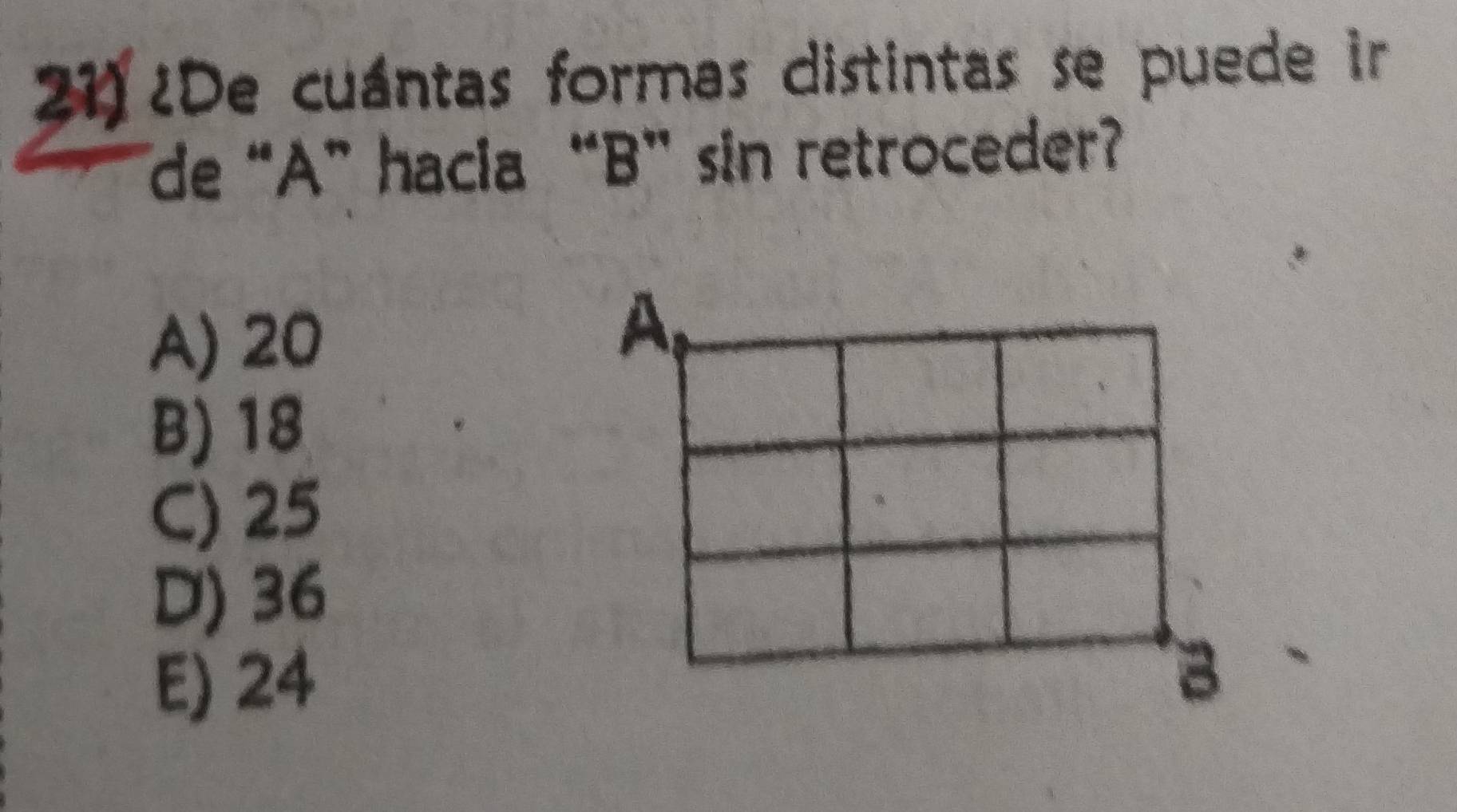 ¿De cuántas formas distintas se puede ir
de “ A ” hacia “ B ” sin retroceder?
A) 20
B) 18
C) 25
D) 36
E) 24