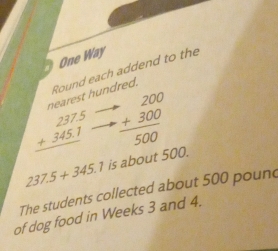 One Way 
nearest hundred. Round each addend to the
beginarrayr 237.5 +345.1 hline endarray beginarrayr 200 +300 hline 500endarray
237.5+345.1 is about 500. 
The students collected about 500 pound
of dog food in Weeks 3 and 4.