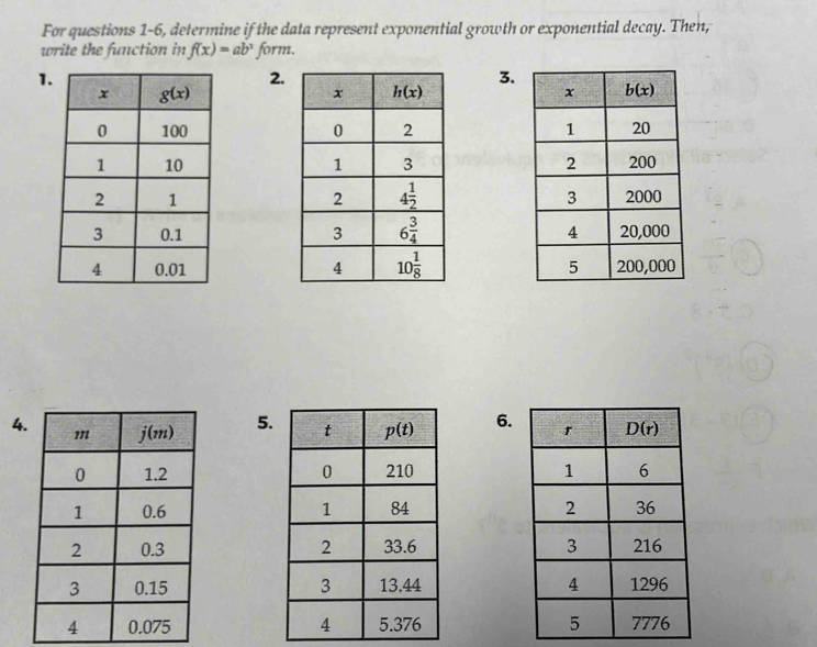 Solved: For questions 1-6, determine if the data represent exponential ...