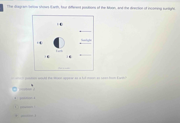 The diagram below shows Earth, four different positions of the Moon, and the direction of incoming sunlight.
in which position would the Moon appear as a full moon as seen from Earth?
position 2
B pasition 4
C  position 1
D position 3