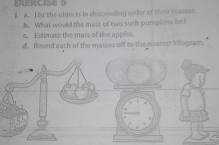 List the objects in descending order of their masses. 
b. What would the mass of two such pumpkins be? 
c. Estimate the mass of the apples. 
d. Round each of the masses off to the nearest kilogram.