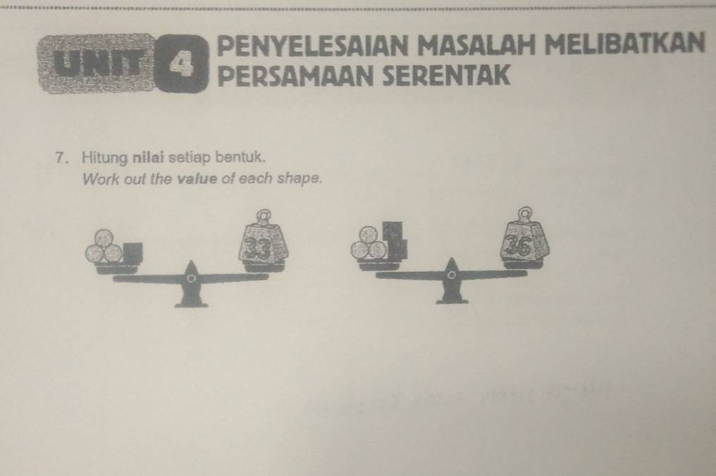 PENYELESAIAN MASALAH MELIBATKAN 
UNIT 4 PERSAMAAN SERENTAK 
7. Hitung nilai setiap bentuk. 
Work out the value of each shape.