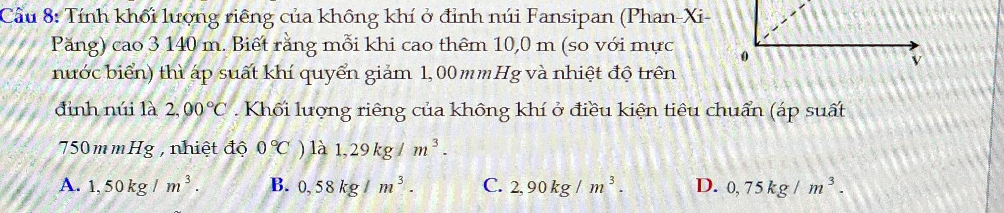 Cầu 8: Tính khối lượng riêng của không khí ở đỉnh núi Fansipan (Phan-Xi-
Păng) cao 3 140 m. Biết rằng mỗi khi cao thêm 10,0 m (so với mực
nước biển) thì áp suất khí quyển giảm 1, 00mmHg và nhiệt độ trên
đỉnh núi là 2,00°C. Khối lượng riêng của không khí ở điều kiện tiêu chuẩn (áp suất
750mmHg , nhiệt độ 0°C ) là 1,29kg/m^3.
A. 1,50kg/m^3. B. 0,58kg/m^3. C. 2,90kg/m^3. D. 0,75kg/m^3.