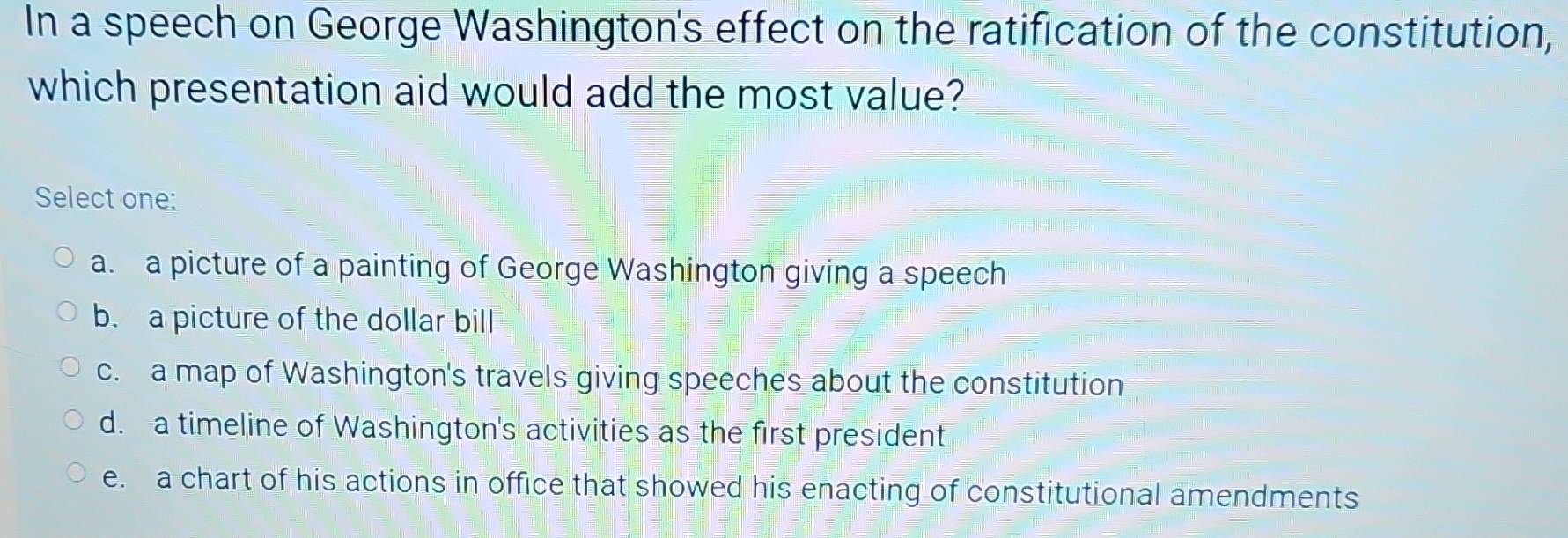 Solved: In a speech on George Washington's effect on the ratification ...