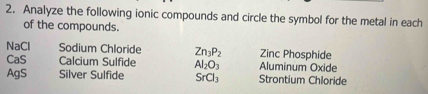 Analyze the following ionic compounds and circle the symbol for the metal in each 
of the compounds. 
NaCl Sodium Chloride Zn_3P_2 Zinc Phosphide 
CaS Calcium Sulfide Al_2O_3 Aluminum Oxide 
AgS Silver Sulfide Strontium Chloride
SrCl_3