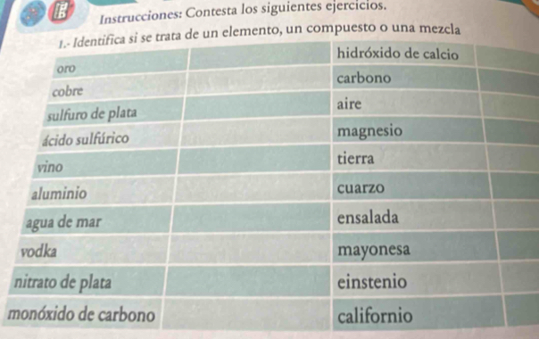 Instrucciones: Contesta los siguientes ejercicios. 
compuesto o una mezcla 
n
m