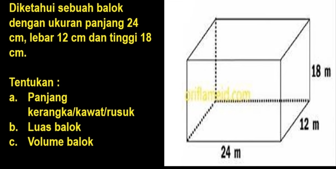 Diketahui sebuah balok 
dengan ukuran panjang 24
cm, lebar 12 cm dan tinggi 18
cm.
m
Tentukan : 
a. Panjang 
kerangka/kawat/rusuk 
b. Luas balok 
c. Volume balok