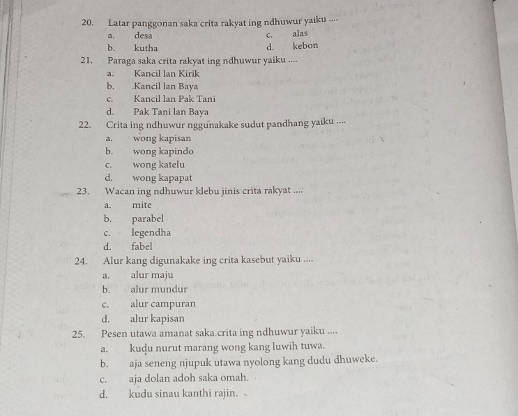 Latar panggonan saka crita rakyat ing ndhuwur yaiku ....
a. desa C. alas
b. kutha d. kebon
21. Paraga saka crita rakyat ing ndhuwur yaiku ....
a. Kancil lan Kirik
b. .Kancil lan Baya
c. Kancil lan Pak Tani
d. Pak Tani lan Baya
22. Crita ing ndhuwur nggunakake sudut pandhang yaiku ....
a. wong kapisan
b. wong kapindo
c. wong katelu
d. wong kapapat
23. Wacan ing ndhuwur klebu jinis crita rakyat ....
a. mite
b. parabel
c. legendha
d. fabel
24. Alur kang digunakake ing crita kasebut yaiku ....
a. alur maju
b. alur mundur
c. alur campuran
d. alur kapisan
25. Pesen utawa amanat saka.crita ing ndhuwur yaiku ....
a. kudu nurut marang wong kang luwih tuwa.
b. aja seneng njupuk utawa nyolong kang dudu dhuweke.
c. aja dolan adoh saka omah.
d. kudu sinau kanthi rajin.