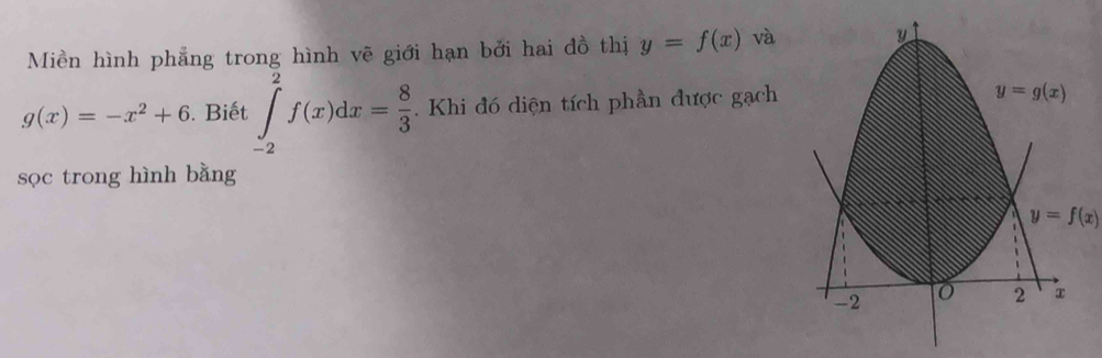 Miền hình phẳng trong hình vẽ giới hạn bởi hai đồ thị y=f(x) và
g(x)=-x^2+6. Biết ∈tlimits _(-2)^2f(x)dx= 8/3  Khi đó diện tích phần được gạch
sọc trong hình bằng
y=f(x)