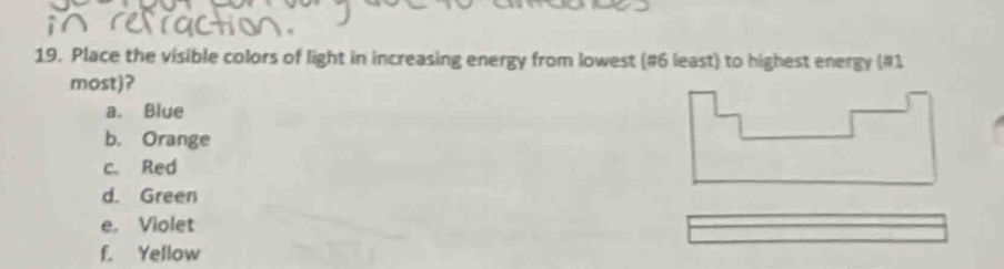 Place the visible colors of light in increasing energy from lowest (#6 least) to highest energy (#1 
most)? 
a. Blue 
b. Orange 
c. Red 
d. Green 
e. Violet 
f. Yellow