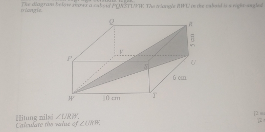 Solved: The diagram below shows a cuboid PQRSTUVW. The triangle RWU in ...