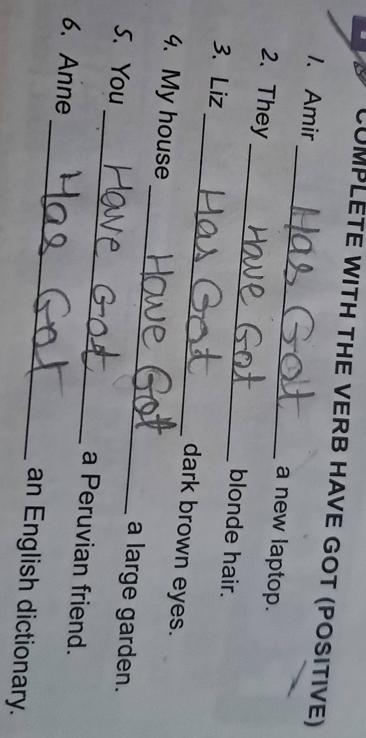 SOMPLETE WITH THE VERB HAVE GOT (POSITIVE) 
1. Amir_ a new laptop. 
2. They 
blonde hair. 
_ 
3. Liz 
_ 
dark brown eyes. 
4. My house _a large garden. 
5. You _a Peruvian friend. 
6. Anne _an English dictionary.