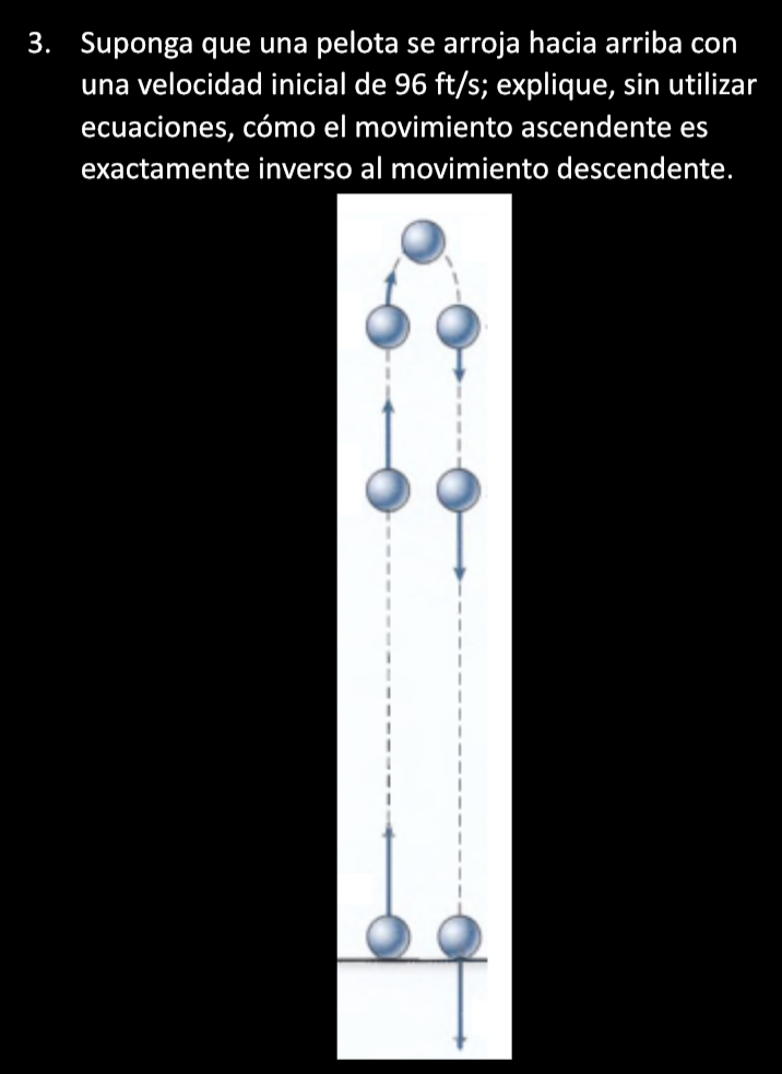 Suponga que una pelota se arroja hacia arriba con 
una velocidad inicial de 96 ft/s; explique, sin utilizar 
ecuaciones, cómo el movimiento ascendente es 
exactamente inverso aiento descendente.